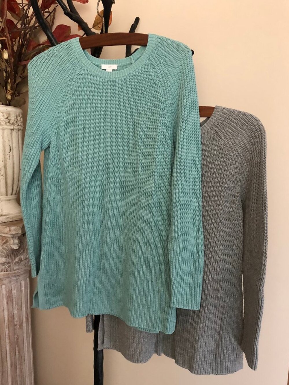 2 J. Jill Relaxed Shaker-stitch sweaters XS blue/teal and heather gray